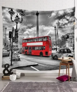Vintage Wandteppich Roter Bus in London
