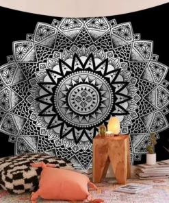 Wandteppich Mandala Schwarz Weiß